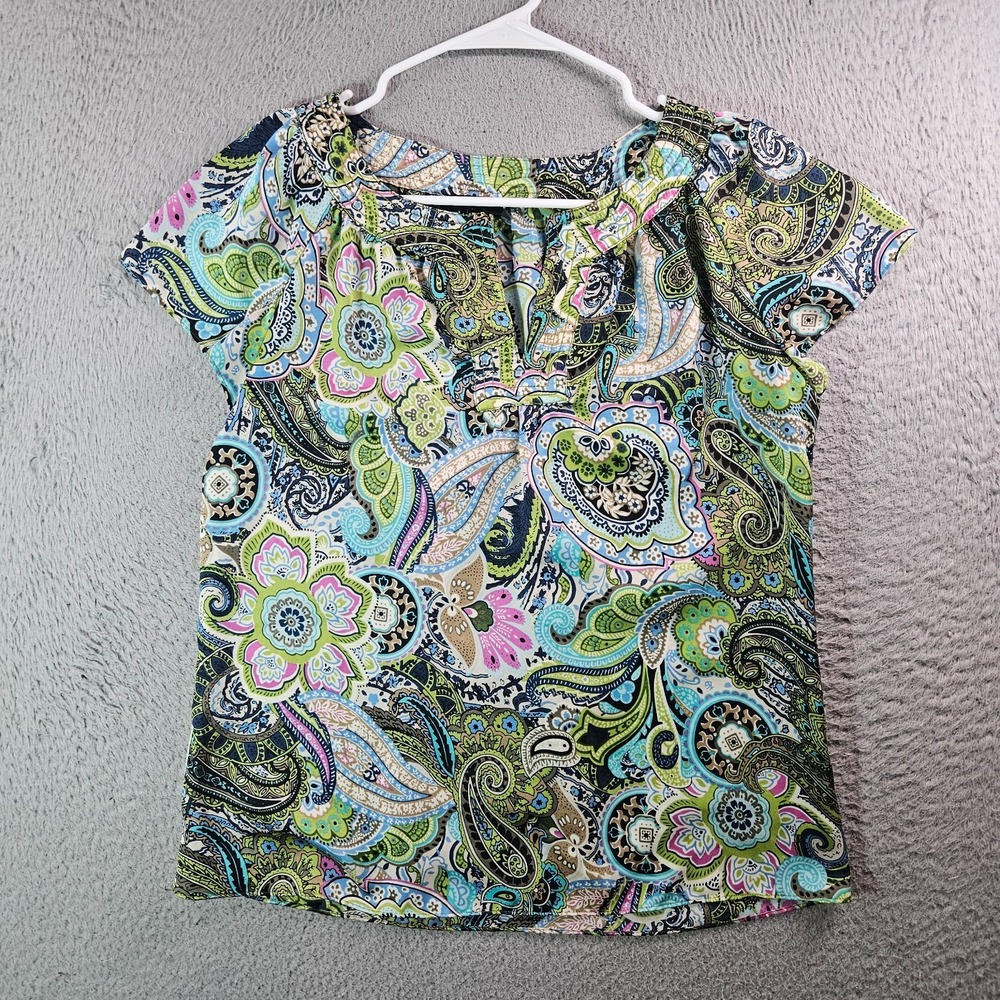 Talbots Top Women Size 4 Paisley Cap Sleeve‎ Split Neck Polyester Multicolor